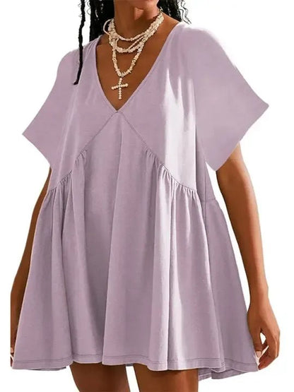 Women's V Neck Flowy Mini Babydoll Dress