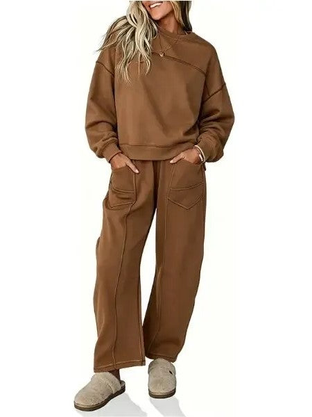 Women's Casual Stitching Detail Sweat Two‑Piece Outfit With Pockets