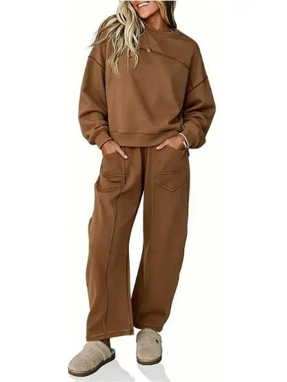 Women's Casual Stitching Detail Sweat Two‑Piece Outfit With Pockets