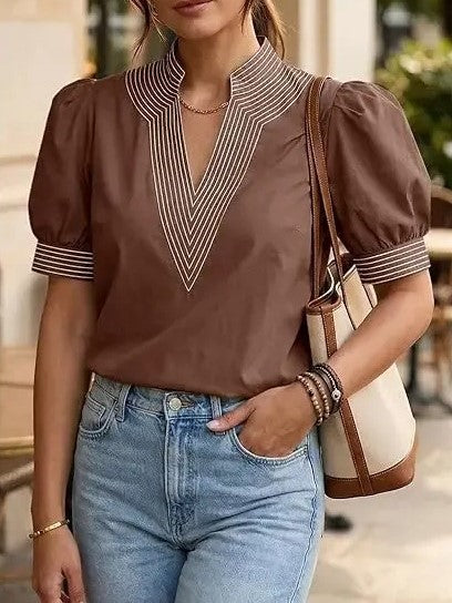 Women Contrast Stitch Stand Collar Puff Sleeve Casual Blouse