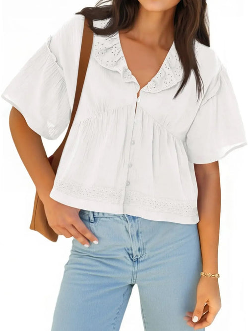 Women's Boho Eyelet V Neck Short Sleeve Top