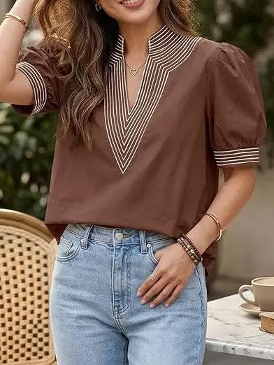 Women Contrast Stitch Stand Collar Puff Sleeve Casual Blouse