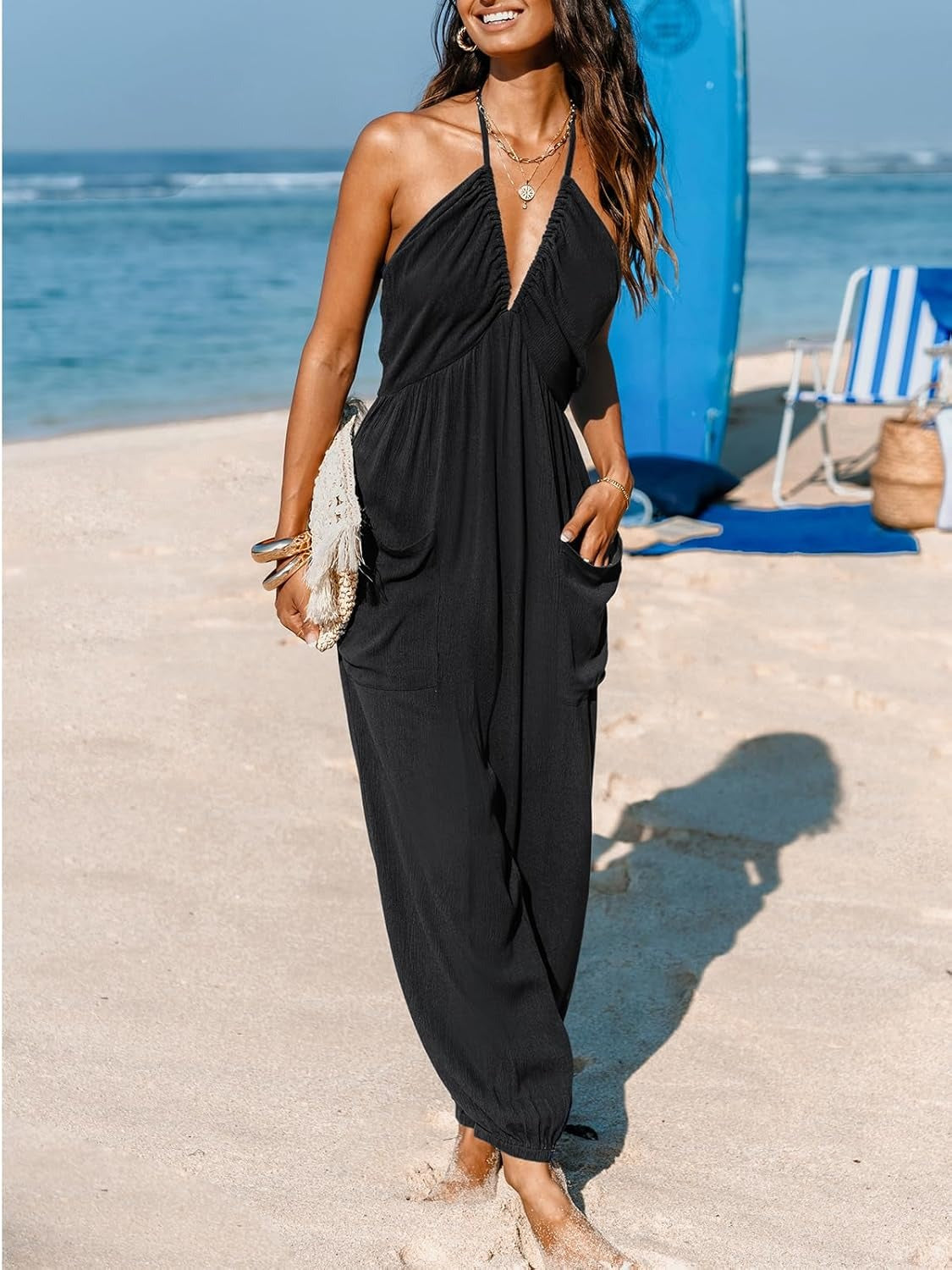 Women's Summer Vacation Halter Jumpsuit with Pockets