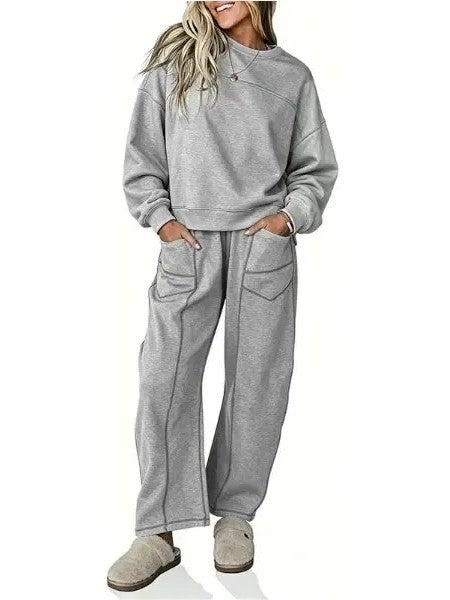 Women's Casual Stitching Detail Sweat Two‑Piece Outfit With Pockets