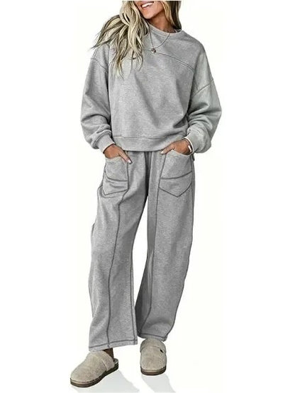 Women's Casual Stitching Detail Sweat Two‑Piece Outfit With Pockets