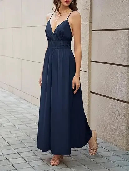 Women's Back Tie Cut‑Out Waist Ruched Flowy Summer Dress