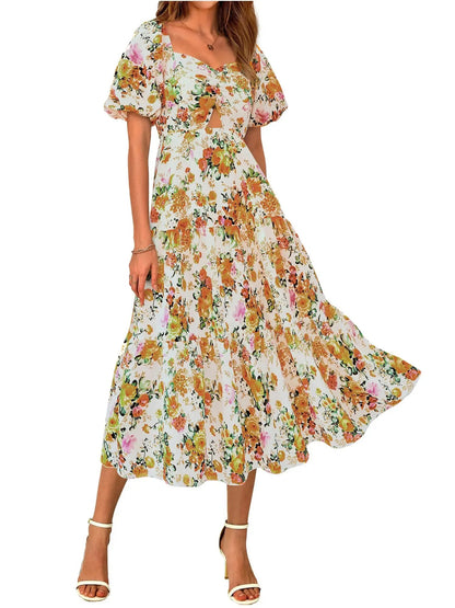 Women Square Neck Puff Sleeve Cutout Front Tiered Floral Midi Dress