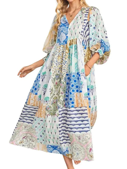 Women's Boho V Neck Flowy Midi Dress