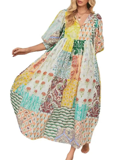 Women's Boho V Neck Flowy Midi Dress