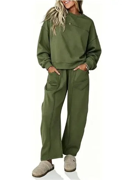 Women's Casual Stitching Detail Sweat Two‑Piece Outfit With Pockets