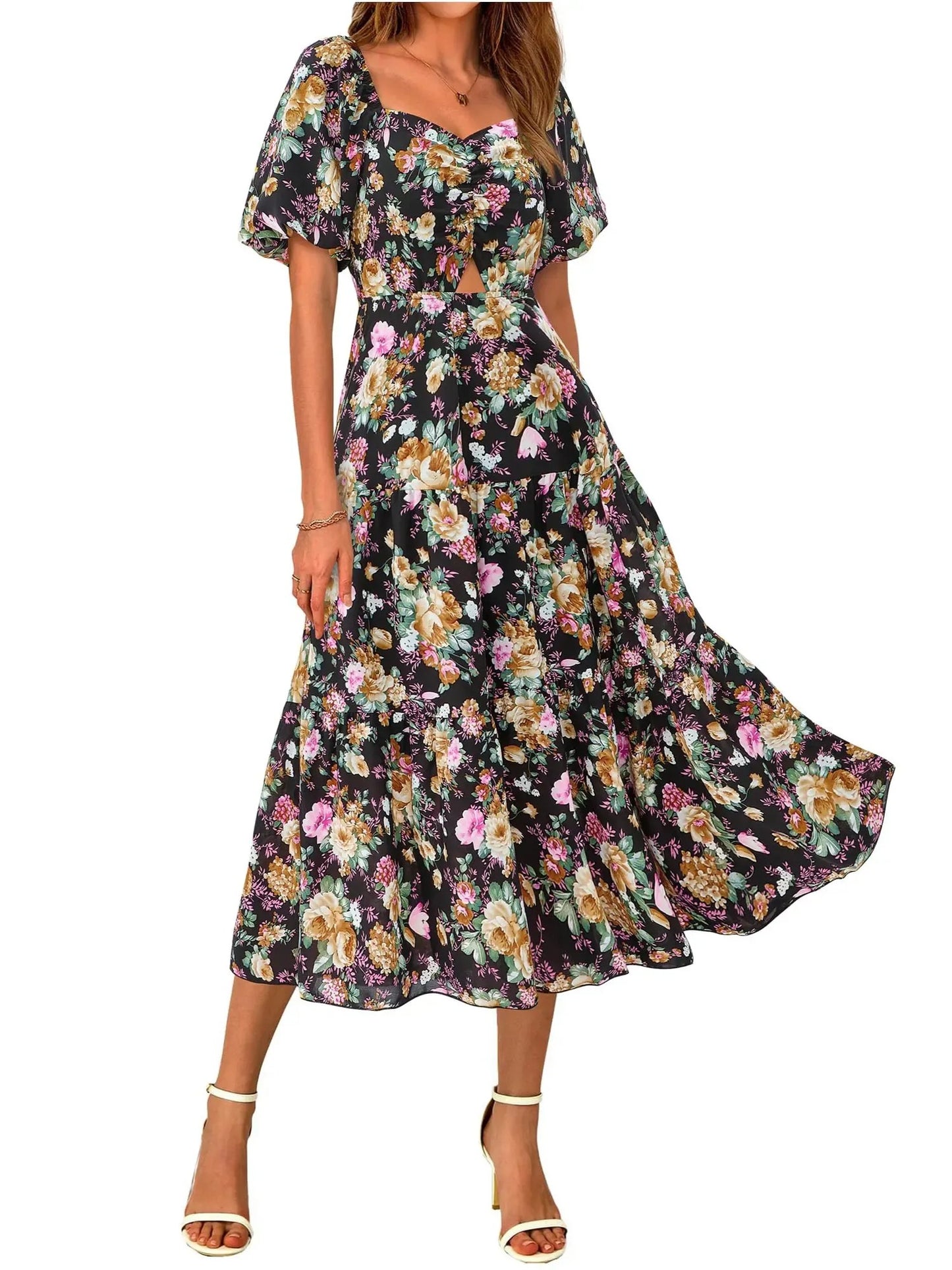 Women Square Neck Puff Sleeve Cutout Front Tiered Floral Midi Dress