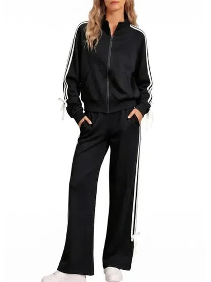 Women's Stand Collar Zip Up Side Stripe Bow Tie Tracksuit 2 Piece Outfit
