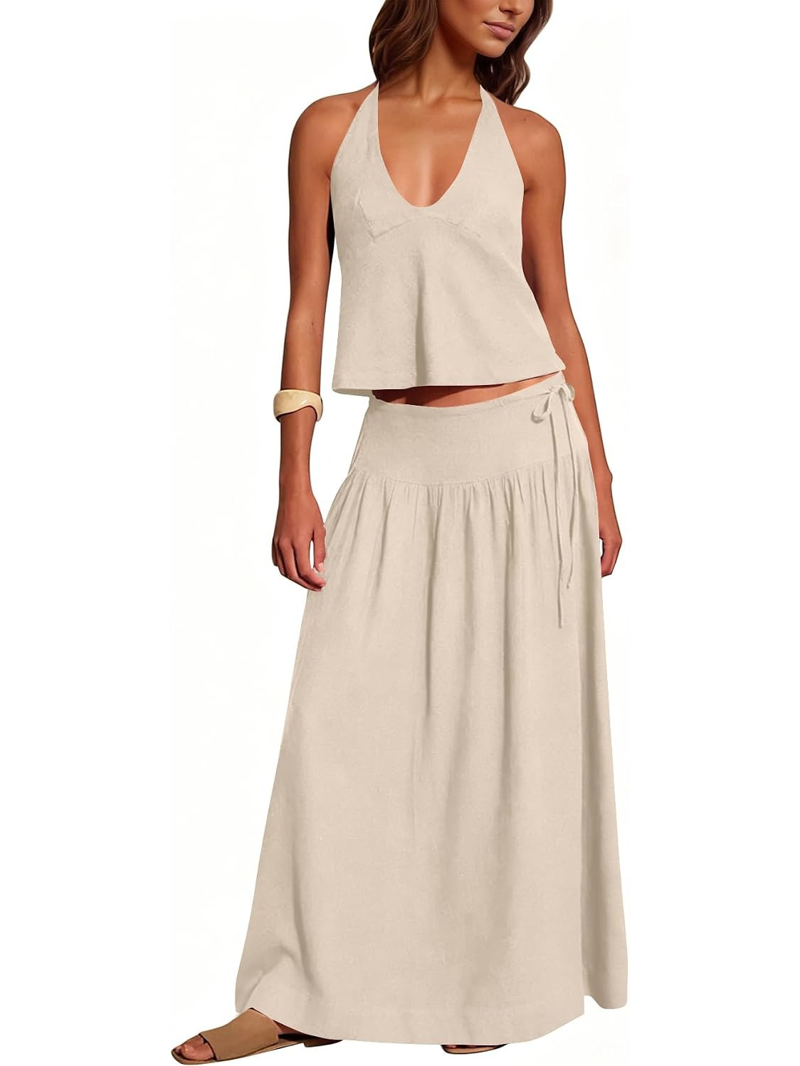 Women's Deep V‑Neck Halter Matching Skirt Set