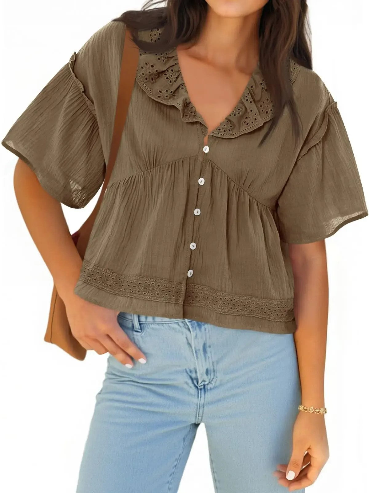 Women's Boho Eyelet V Neck Short Sleeve Top
