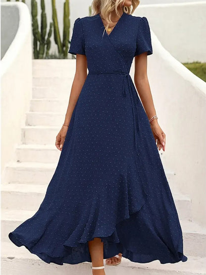 Women's Wrap V Neck Short Sleeve Maxi Dress