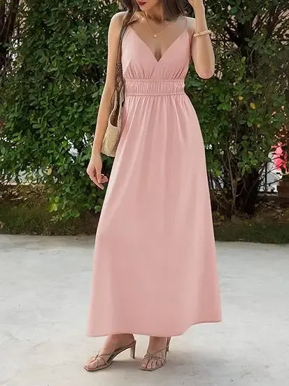 Women's Back Tie Cut‑Out Waist Ruched Flowy Summer Dress