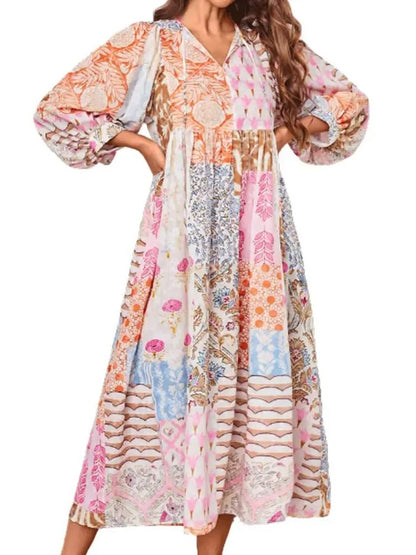 Women's Boho V Neck Flowy Midi Dress