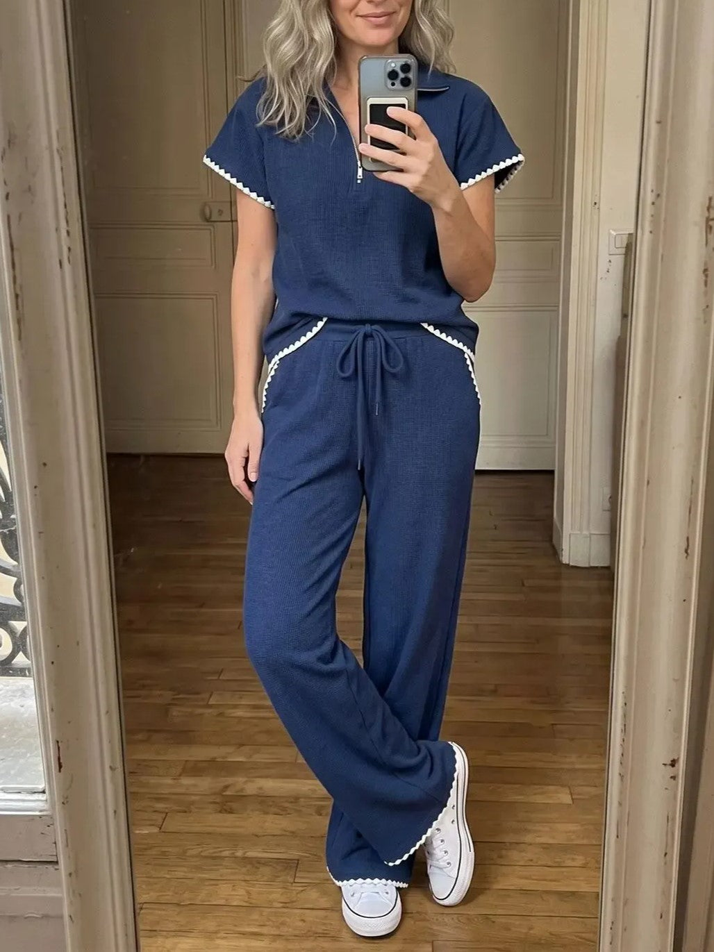 Women's Scallop Trim Zip Collar Two Piece Outfit