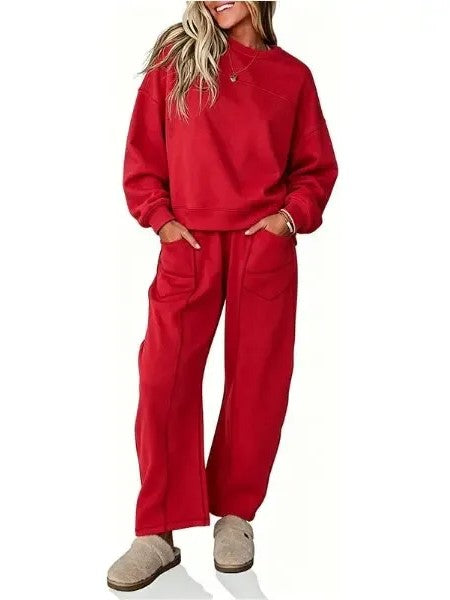 Women's Casual Stitching Detail Sweat Two‑Piece Outfit With Pockets
