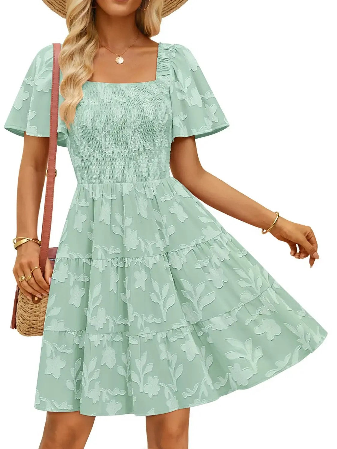Women‘s Square Neck Floral Flutter Sleeve A Line Dress