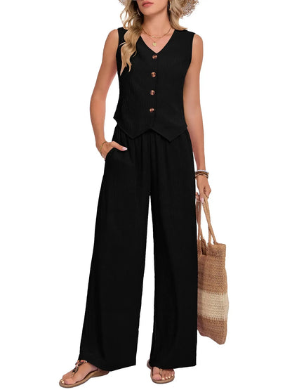 Women's Sleeveless Vest Wide Leg Pants Two Piece Set