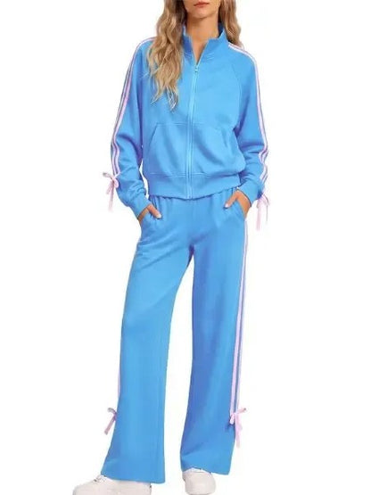 Women's Stand Collar Zip Up Side Stripe Bow Tie Tracksuit 2 Piece Outfit
