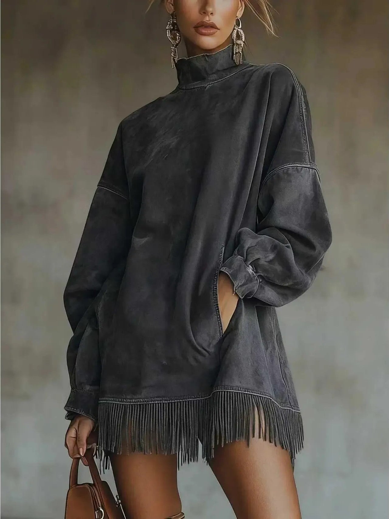 Women's High Neck Fringe Trim Dress