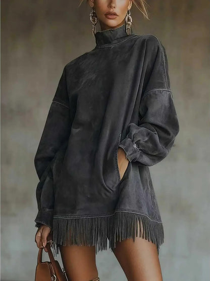 Women's High Neck Fringe Trim Dress