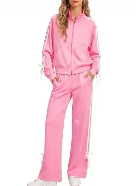 Women's Stand Collar Zip Up Side Stripe Bow Tie Tracksuit 2 Piece Outfit