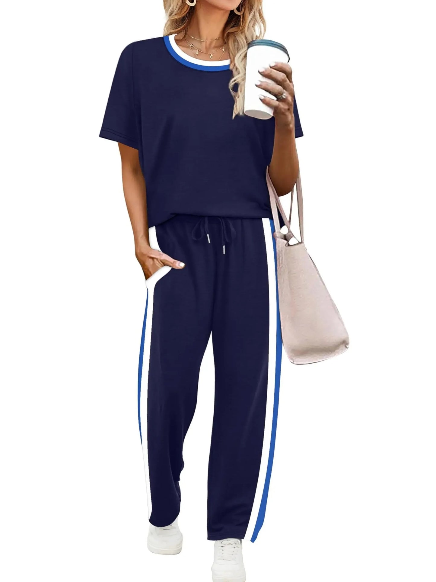 Women's Round Neck Tee & Drawstring Trousers Matching Set