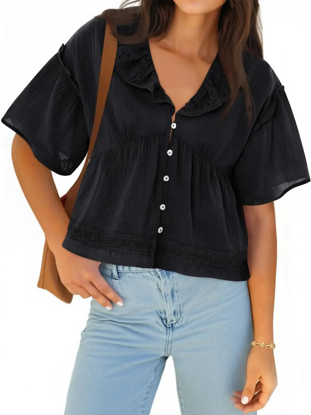 Women's Boho Eyelet V Neck Short Sleeve Top