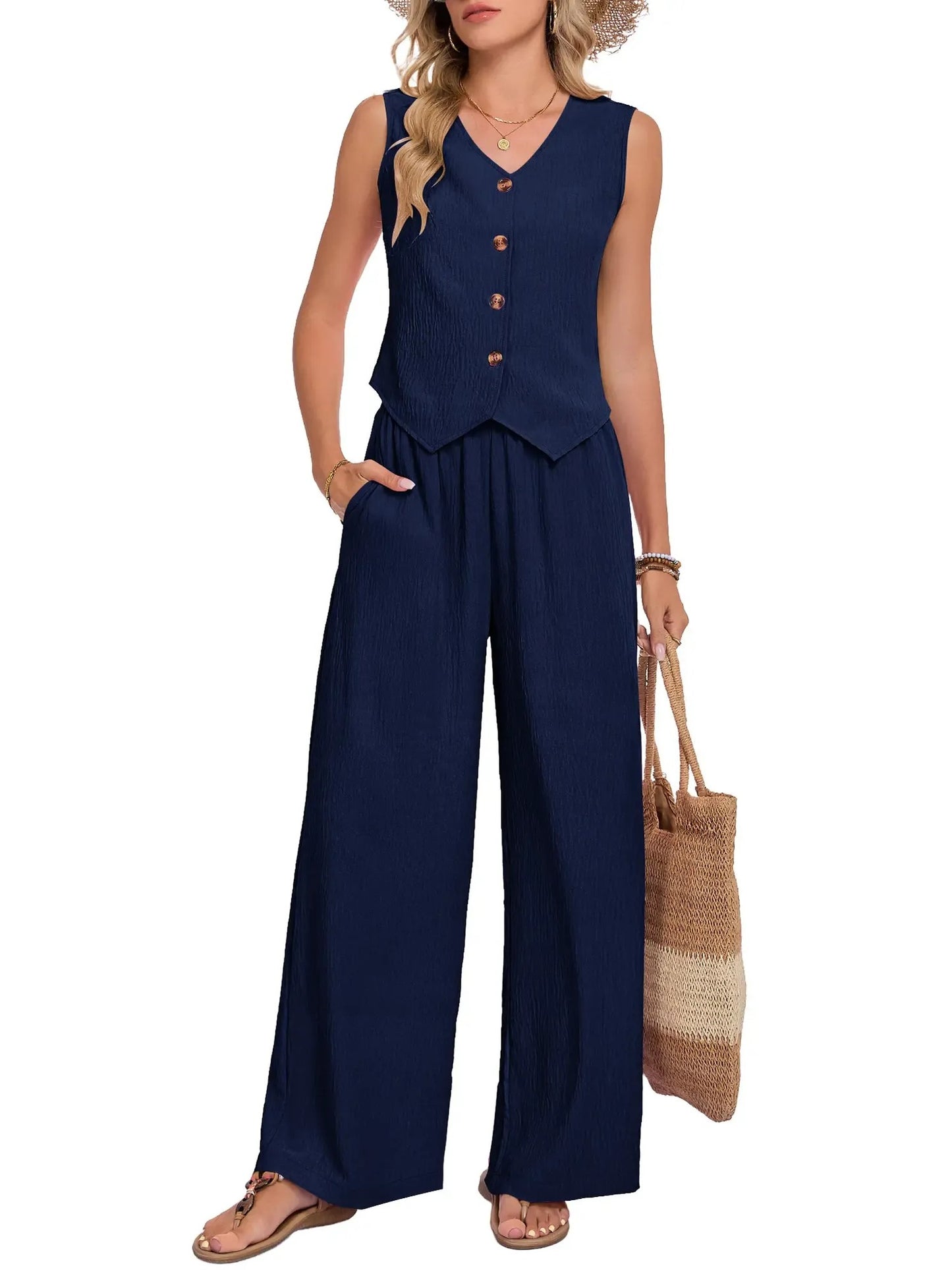 Women's Sleeveless Vest Wide Leg Pants Two Piece Set