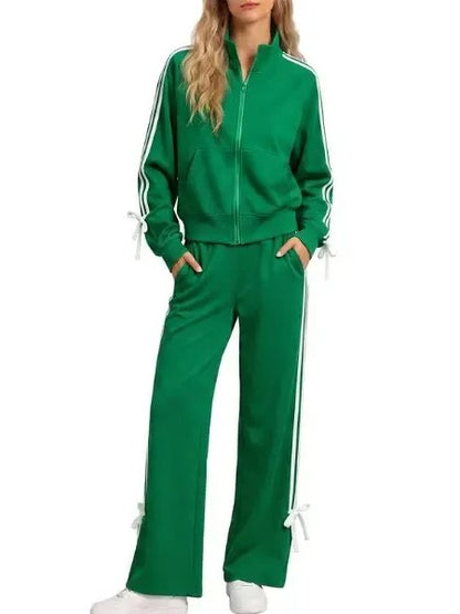 Women's Stand Collar Zip Up Side Stripe Bow Tie Tracksuit 2 Piece Outfit