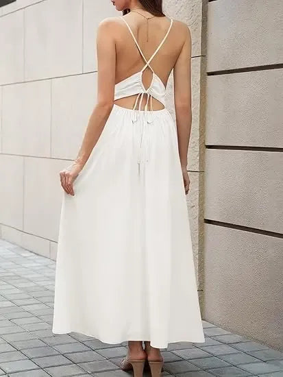 Women's Back Tie Cut‑Out Waist Ruched Flowy Summer Dress