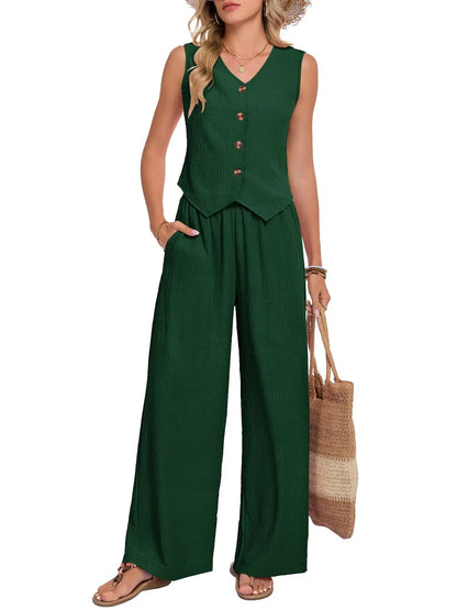Women's Sleeveless Vest Wide Leg Pants Two Piece Set