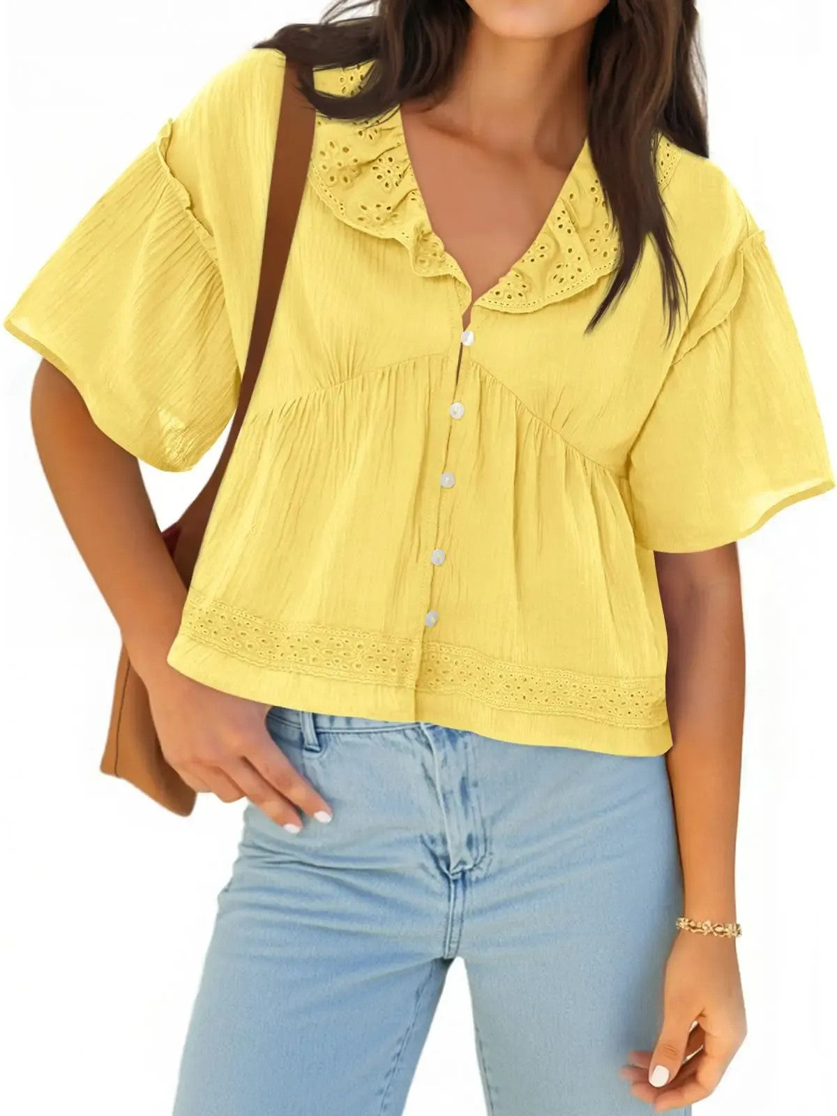 Women's Boho Eyelet V Neck Short Sleeve Top