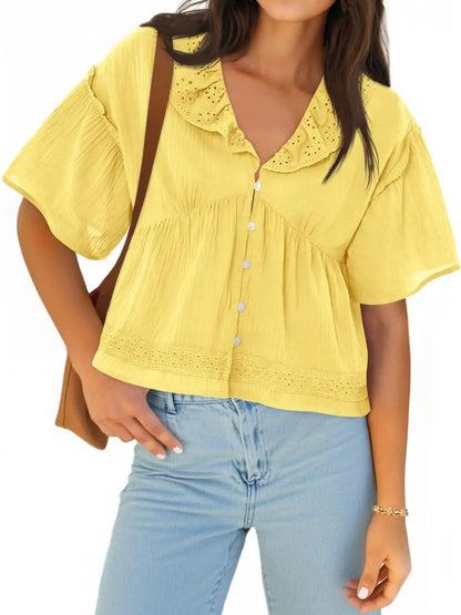 Women's Boho Eyelet V Neck Short Sleeve Top