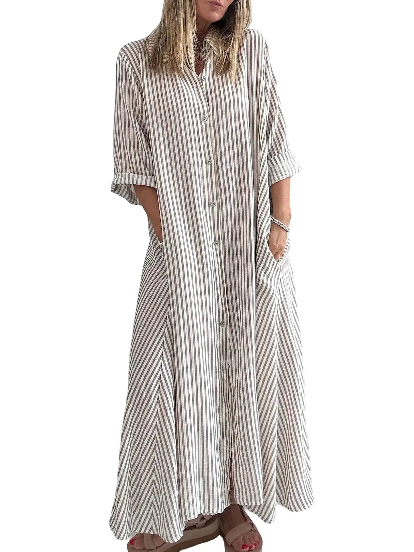 Women's Striped Button Front Shirt Maxi Dress