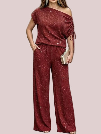 Women's Sparkle Off Shoulder Drawstring Top & Wide Leg Pants Set