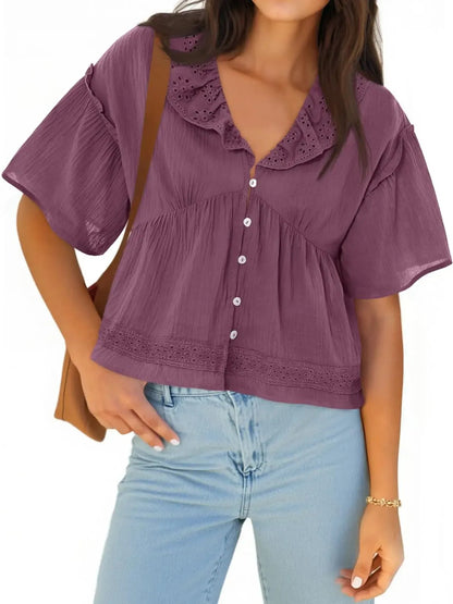 Women's Boho Eyelet V Neck Short Sleeve Top