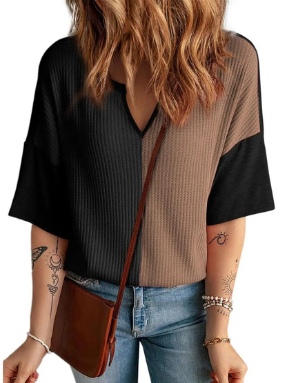 Women's Color Block Waffle Knit Notch Neck Top