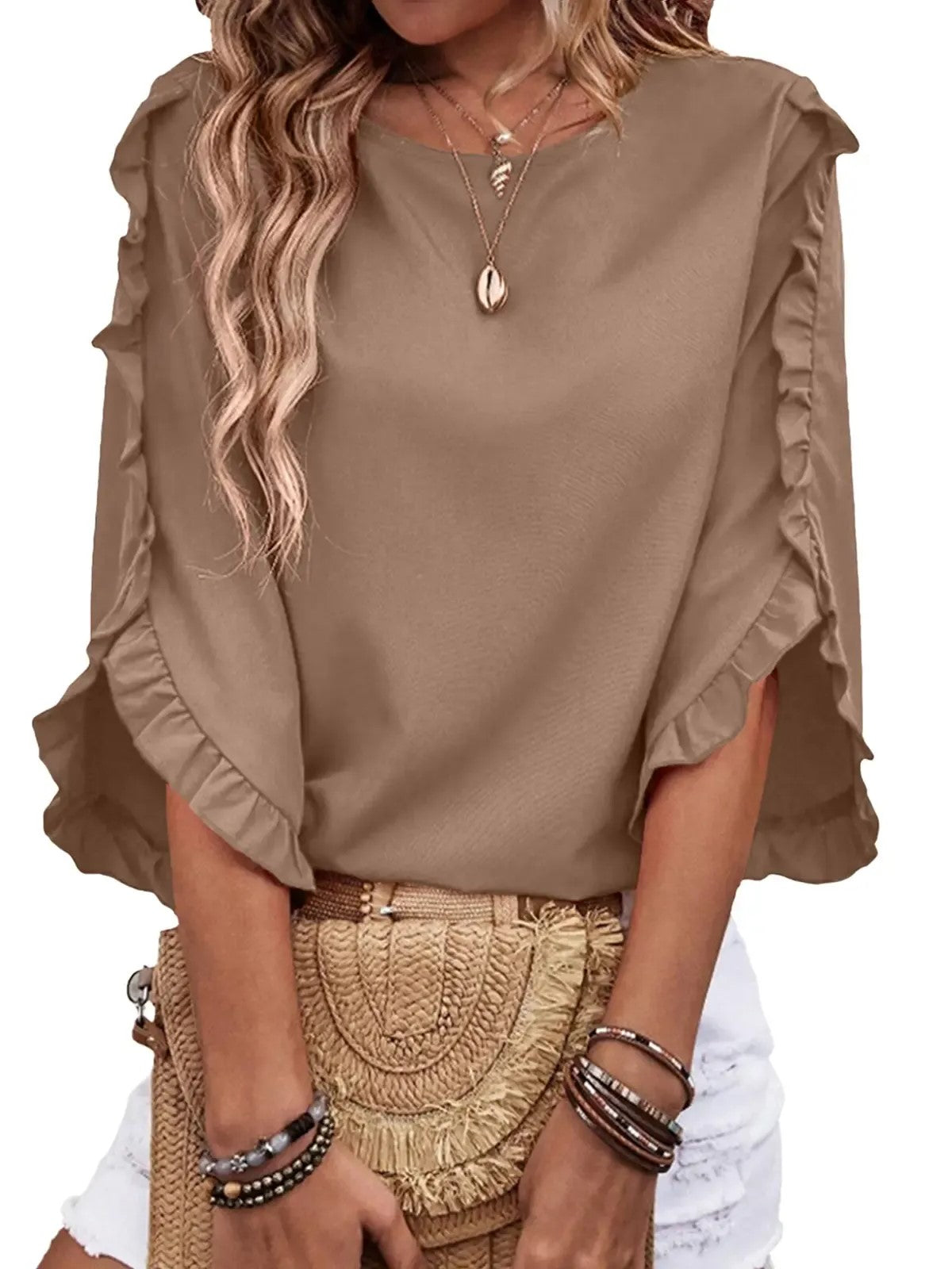 Women's 3/4 Sleeve Ruffle Round Neck Elegant Blouse