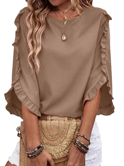 Women's 3/4 Sleeve Ruffle Round Neck Elegant Blouse