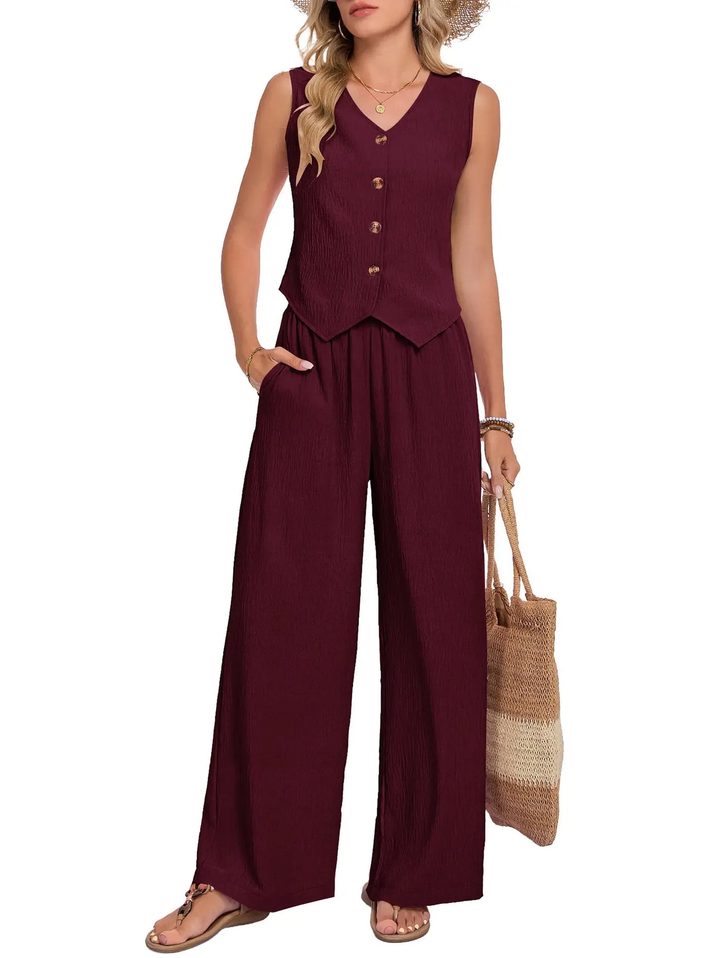 Women's Sleeveless Vest Wide Leg Pants Two Piece Set