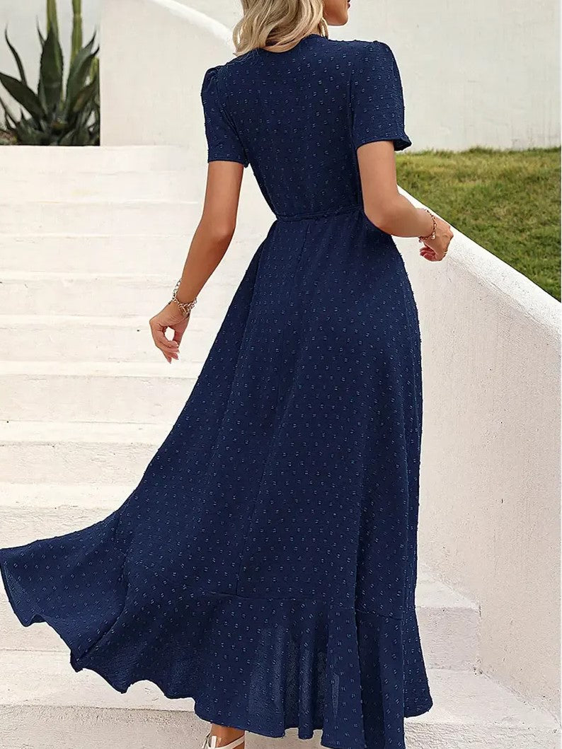 Women's Wrap V Neck Short Sleeve Maxi Dress