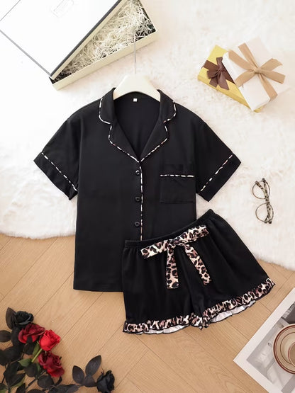 Women's Leopard Color Block Short Sleeve Pajama Set