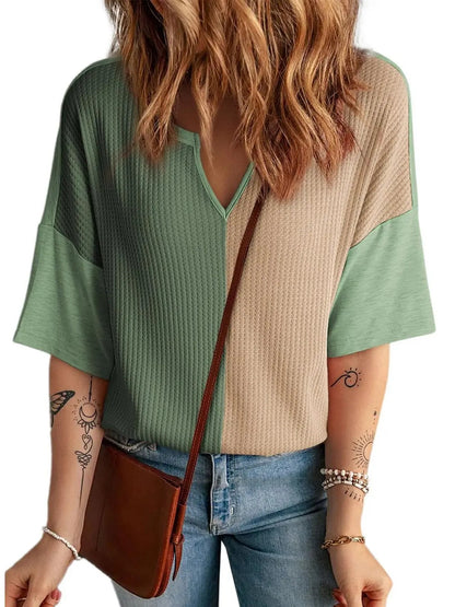 Women's Color Block Waffle Knit Notch Neck Top