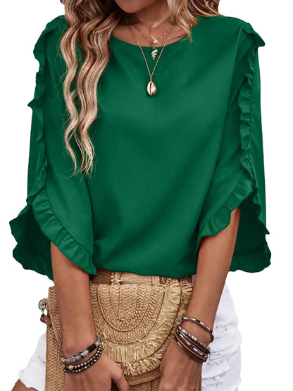 Women's 3/4 Sleeve Ruffle Round Neck Elegant Blouse