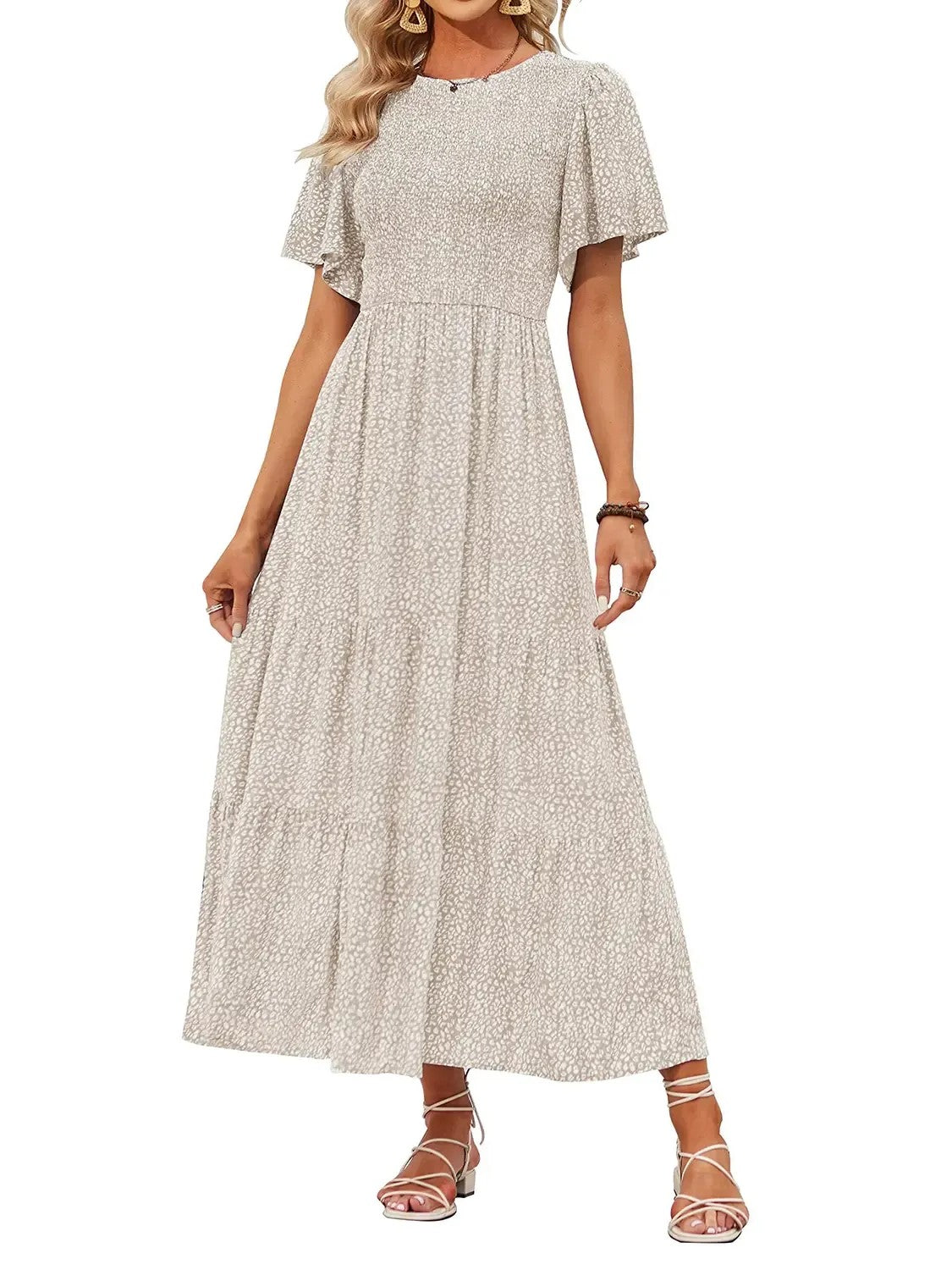 Women's 2026 Summer Casual Floral Print Short Flutter Sleeve Flowy Maxi Dress