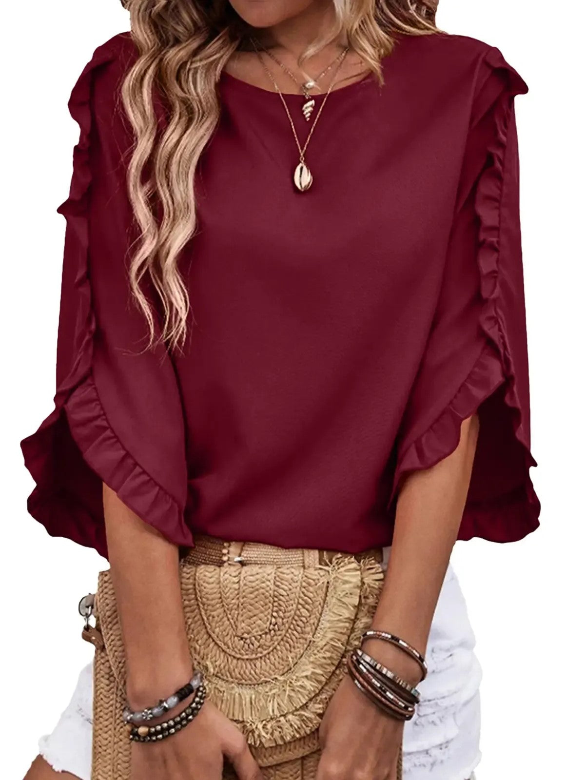 Women's 3/4 Sleeve Ruffle Round Neck Elegant Blouse
